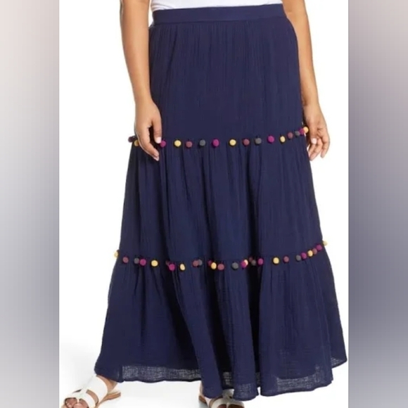 Caslon Tiered PomPom Navy Maxi Boho Prairie Skirt modest Large NWOT - Picture 2 of 3